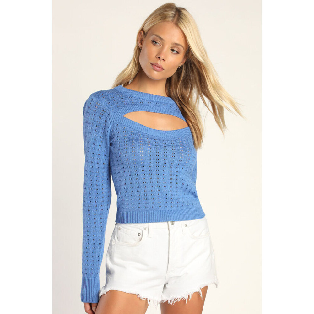 Lulus Poin-telle Me About It Blue Pointelle Knit Cutout Sweater - Size M - NWT
